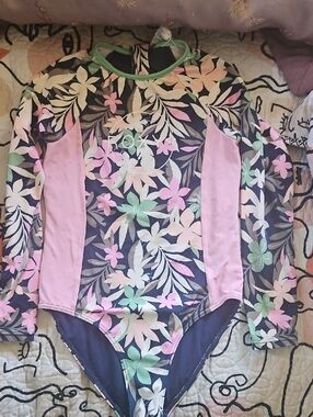 Girls' Floral Long-Sleeve One-Piece Swimsuit - Pink & Mint By ROXY